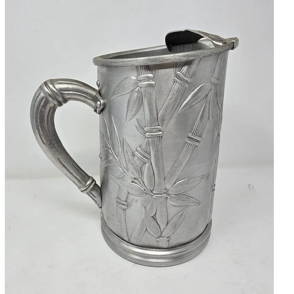 Vtg Everlast MCM aluminum hammered pitcher Bamboo design ice guard tiki barware